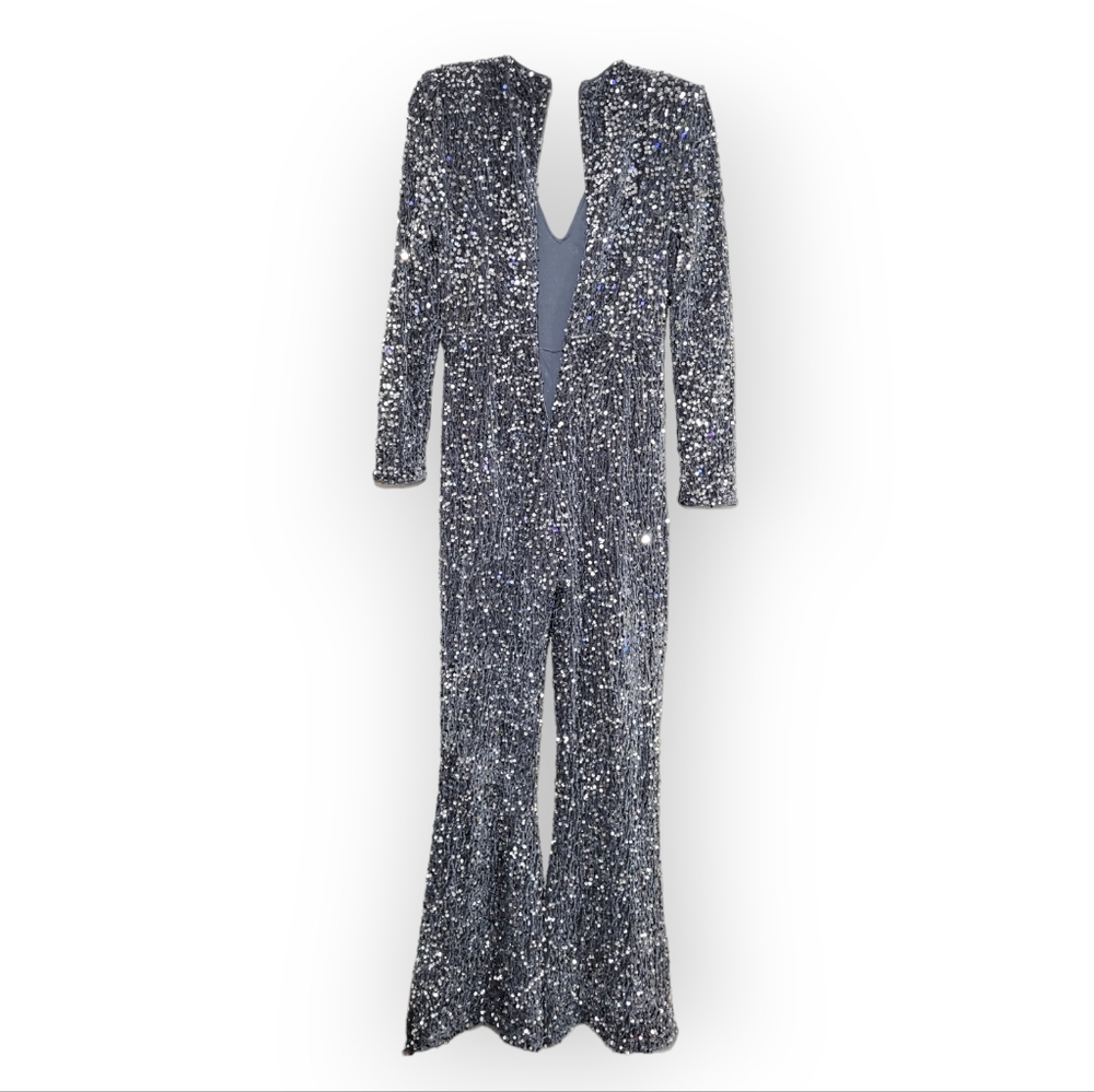 FAERIESTY V-Neck Long Sleeve Sequin Jumpsuit Silver Gray Small - Picture 7 of 9